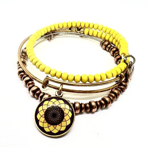 Alex and Ani - 3 Bangles, Sunflower Charm Shiny Gold, Mango Beaded Bangle & Nile - Picture 1 of 2